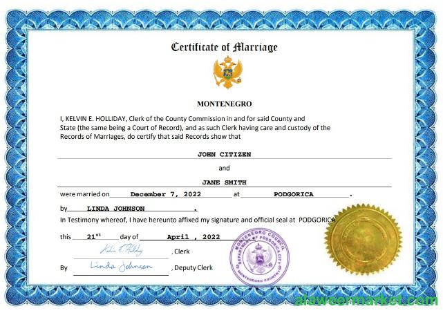 Montenegro marriage certificate Word and PDF template